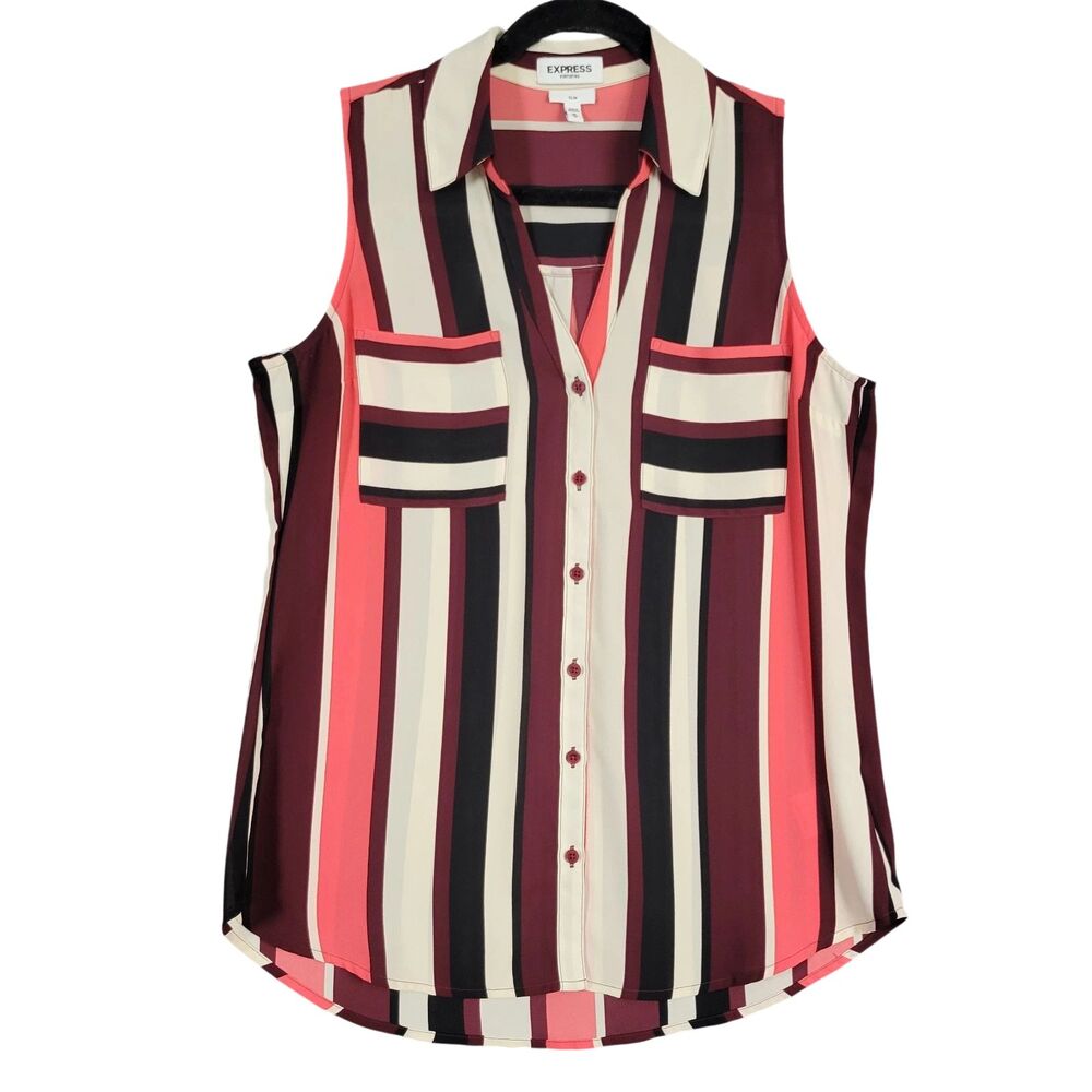 EXPRESS Portofino Red Pink Striped Slim Fit Sleeveless Button Up Top SIZE MEDIUM